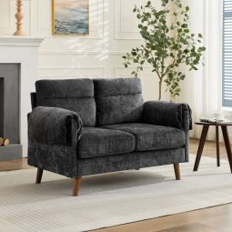 Sofá 2 lugares em chenille preto compacto com pés efeito madeira