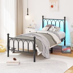 Cama metálica 90x200cm com LED usb arrumação mdf e metal – preto