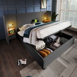 Cama estofada 180x200cm com arrumação candeeiro madeira metal cinzento