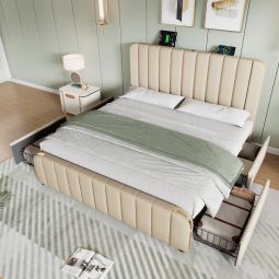 Cama estofada 140x200cm com arrumação linho – bege