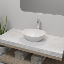 Lavatório com torneira misturadora cerâmica oval branco