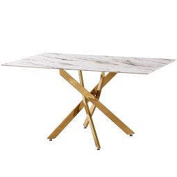 Mesa de jantar de vidro, mármore artificial, pés de aço inoxidável