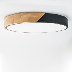 Plafão LED "kumo" 30w ø40cm, preto e madeira, luz 3000k-4000k-6000k