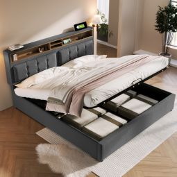 Cama estofada 160x200cm com arrumação e tomada linho – cinzento