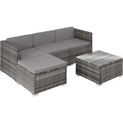 Tectake conjunto móveis 5 peças rattan sintético aço reforçado cinzento
