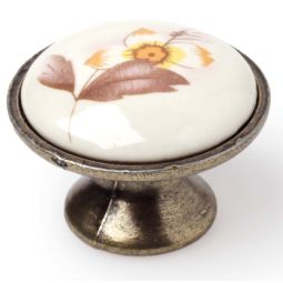 Pack 6 puxadores botões de flores ouro velho e porcelana