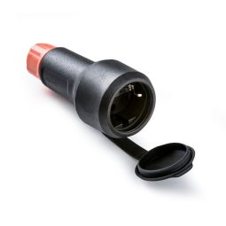 Tomada 2P+T 16A-250V com tampa preta, prensa-cabo IP54