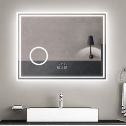 Espelho de casa de banho LED 80×60 cm + relógio + lupa + bluetooth