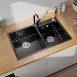 Pia 2 bacias 75x45x19cm pia em inox 304 pia de cozinha preta com dispenser
