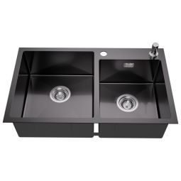 Pia de cozinha - inox - 2 cubas - 75x45x19cm - cinza-preto - dispensador de
