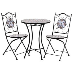 Mesa e duas cadeiras em ferro forjado em mosaico preto, azul e laranja