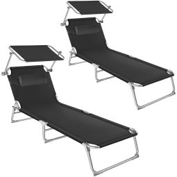 2 espreguiçadeiras ajustávels 4 níveis com pala e reposacabezas, preto