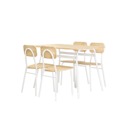 Conjunto de mesa de jantar com 4 cadeiras, em madeira e metal. Sala de