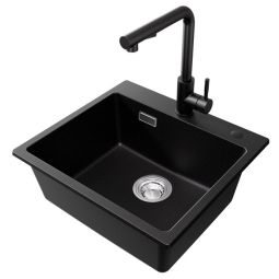 50x45cm pia de cozinha preta em granito com torneira de cozinha retrátil em