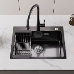 Pia de cozinha de bancada preta antracite 60x45cm com escorredor pia de aço