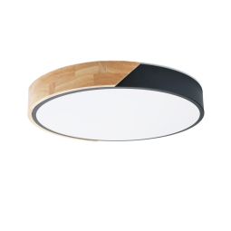 Plafon LED ø40cm 30w, preto e madeira, luz 3000k-4000k-6000k