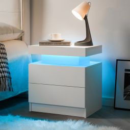 Mesa de cabeceira com luz LED 2 gavetas branco 59x45x20cm