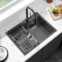 Pia de cozinha em inox 60x45cm - pia 1 bac cinza escuro com cesto escorredo