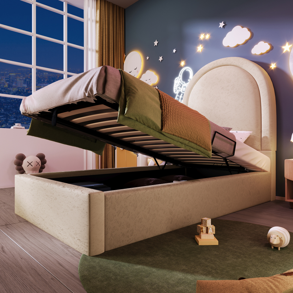 Cama estofada infantil 90x200cm com arrumação pu – bege