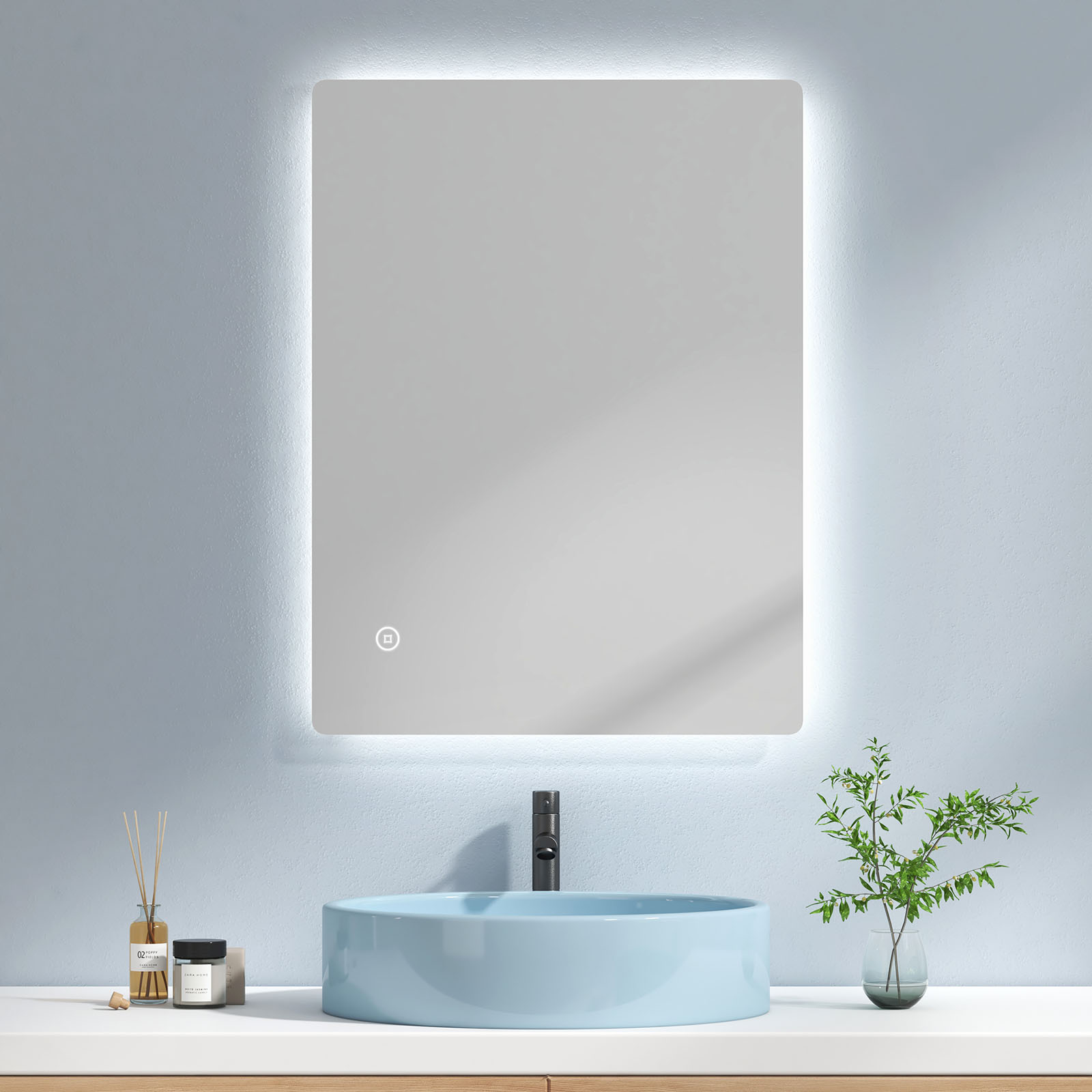 Emke espelho de casa de banho LED 80x60cm, luz fria 6500k, toque, ip44