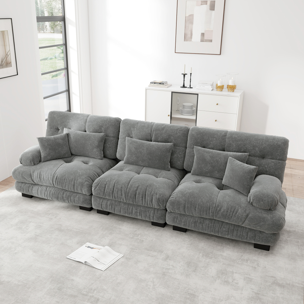 Sofá modular 3 lugares em chenille cinzento com assento profundo