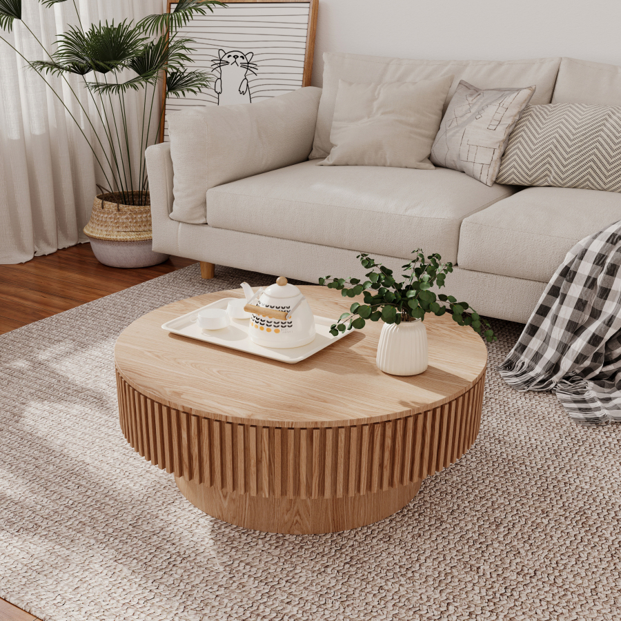 Mesa de centro redonda com arrumação madeira natural 75cm