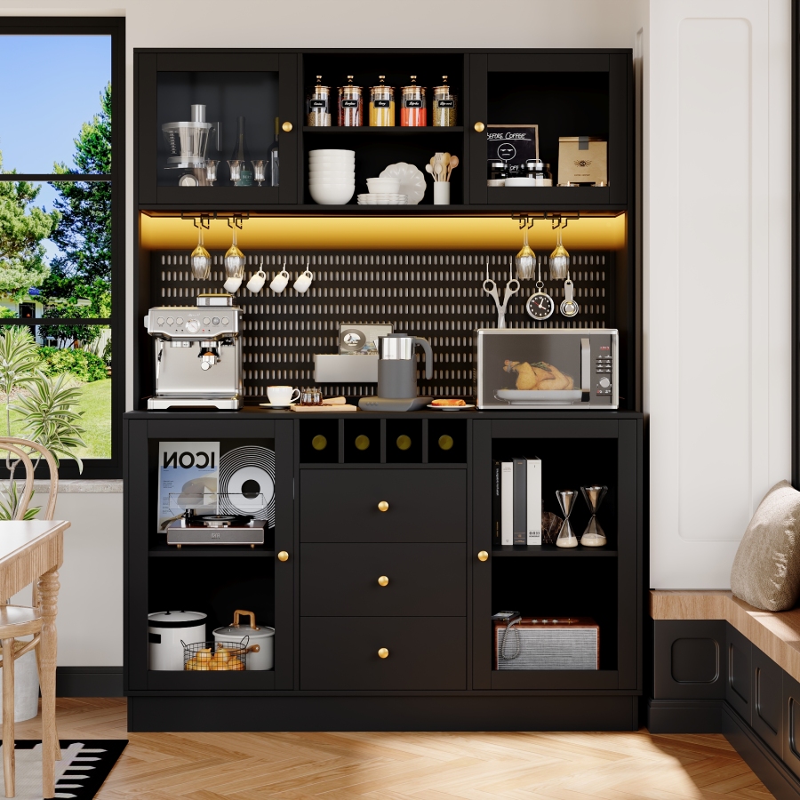 Armário alto cozinha com LED preto 185,7x140x40cm