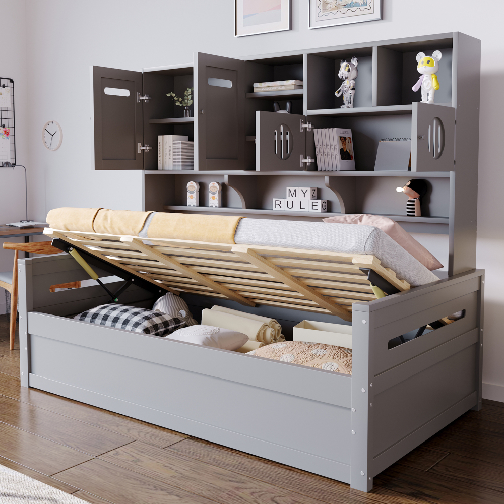 Sofá cama 90x200cm com arrumação hidráulica madeira – cinzento