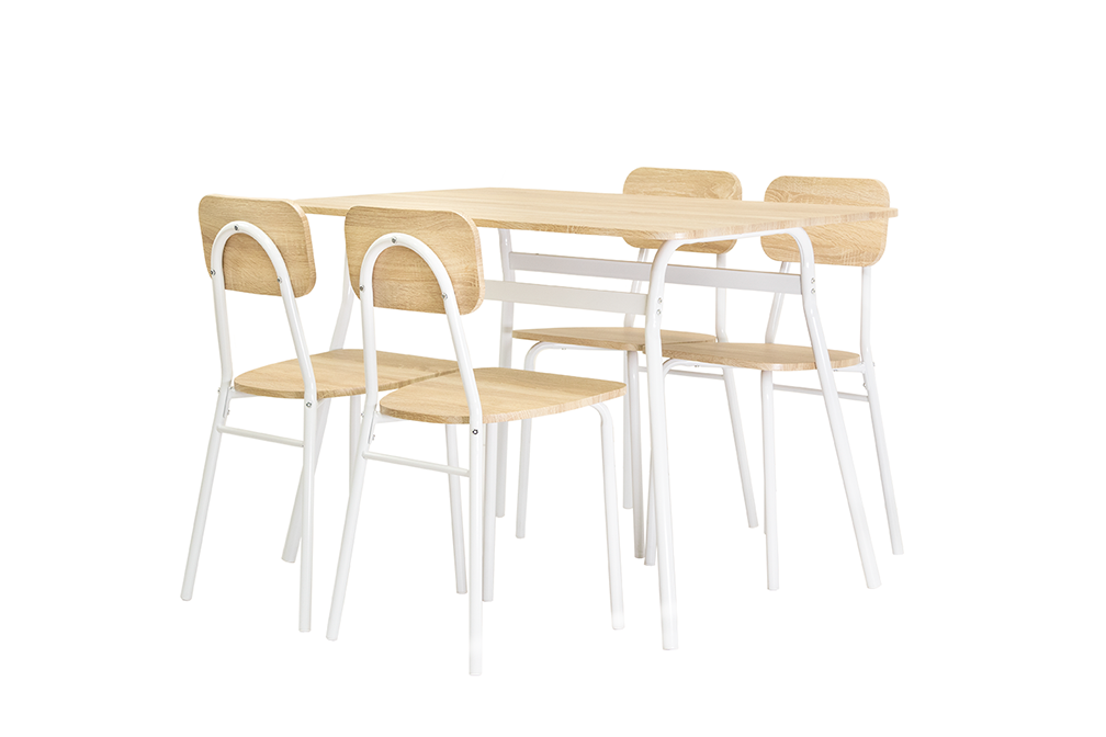 Conjunto de mesa de jantar com 4 cadeiras, em madeira e metal. Sala de