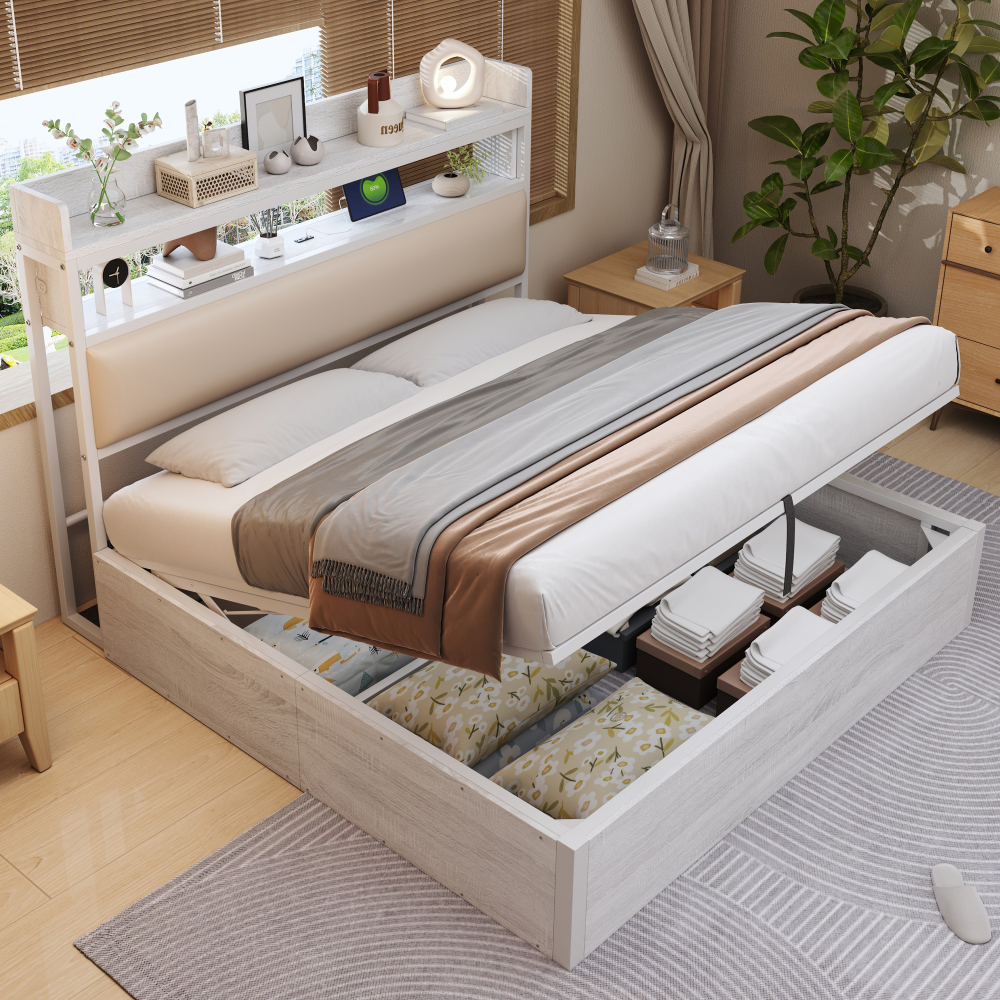 Cama de casal 180x200cm com arrumação hidráulica usb madeira e metal branco