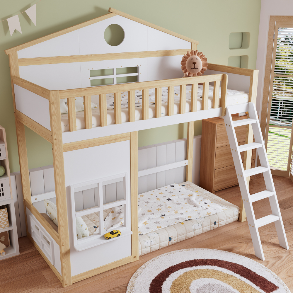 Beliche casinha 90x200cm com escada e proteção madeira – branco natural