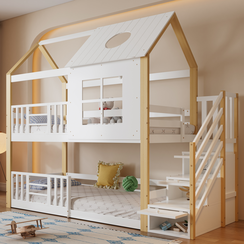 Beliche casinha 90x200cm com arrumação em escada madeira – branco natural
