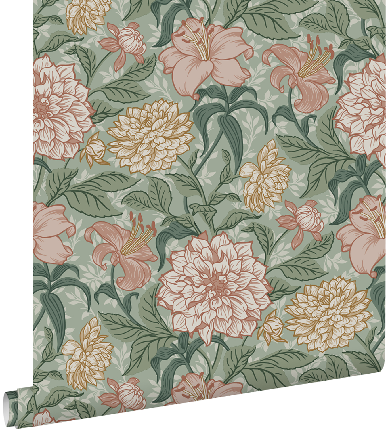 Estahome papel de parede flores vintage verdeerosa antigo 53 cm x 10.05 m
