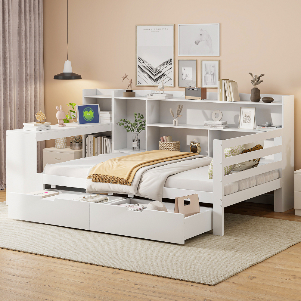 Sofá-cama de madeira 90x200cm com secretária arrumação e tomada branco