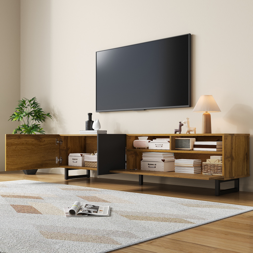Móvel de tv com 3 portas e 2 nichos cinzento escuro e natural 36,5x170x42cm