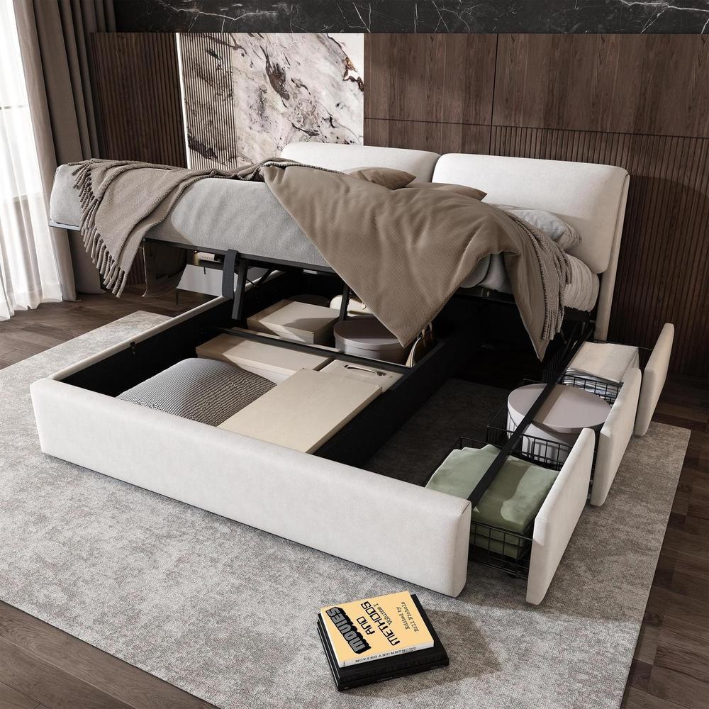 Cama de casal 160x200cm em veludo, hidráulica com 3 gavetas, bege