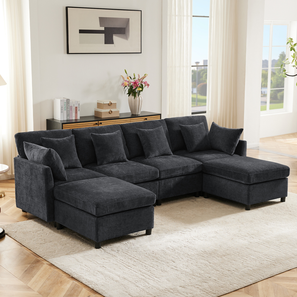 Sofá modular em l ou u chenille cinzento 4-6 lugares 2 pufes 6 almofadas
