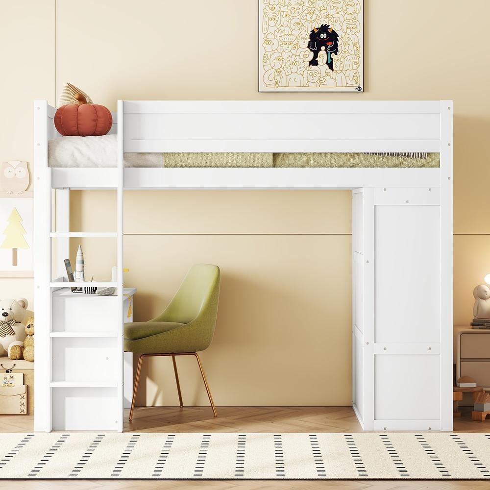 Cama alta infantil 90x200cm com roupeiro, secretária, gavetas, branca