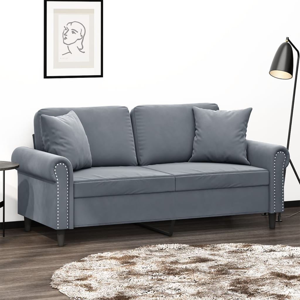 Sofá 2 lug. C/ almofadas decorativas 140 cm veludo cinza-escuro pt8662