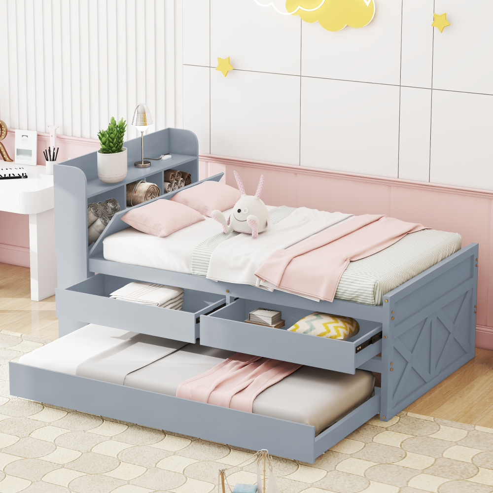 Cama individual 90x190 cm com arrumação e usb madeira – cinzento