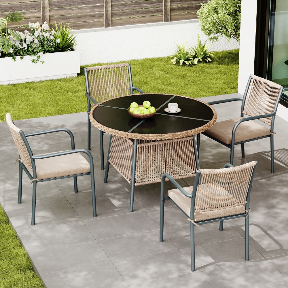 Conjunto jardim 5 peças mesa redonda vidro temperado cinza ferro