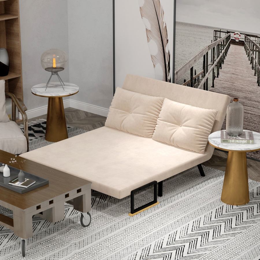 Poltrona cama dobrável em tecido bege com encosto ajustável