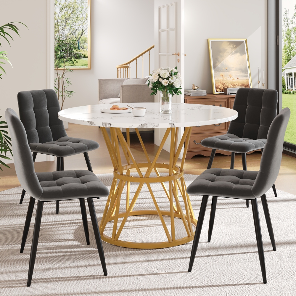Conjunto mesa de jantar redonda 5 peças mdf dourado/cinzento 4 lugares