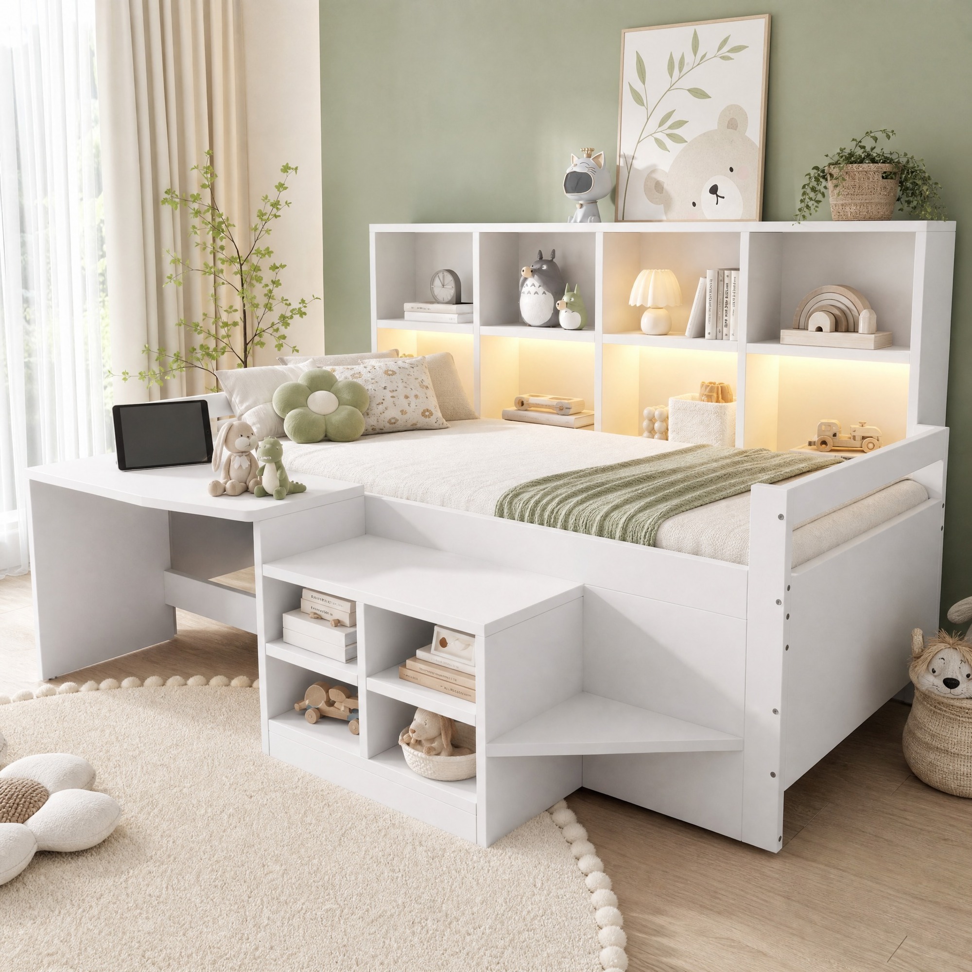 Cama multifuncional 90x200cm madeira com arrumação e secretária branco