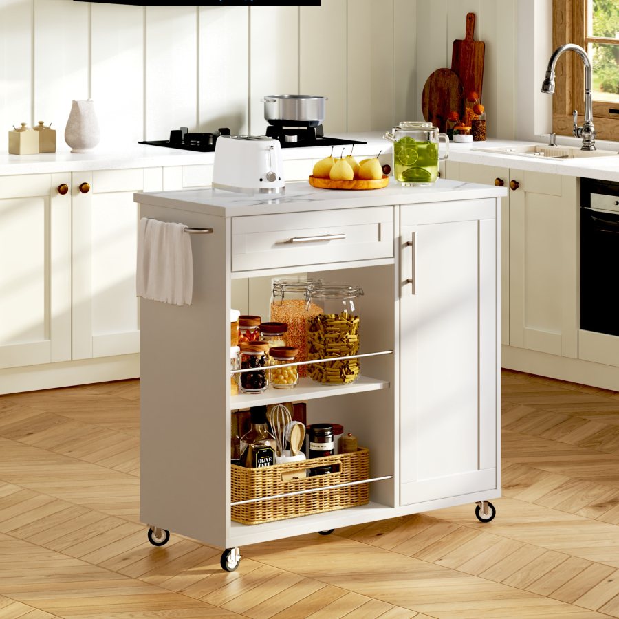 Carrinho de cozinha com gaveta armário e rodízios branco 90x62x90cm