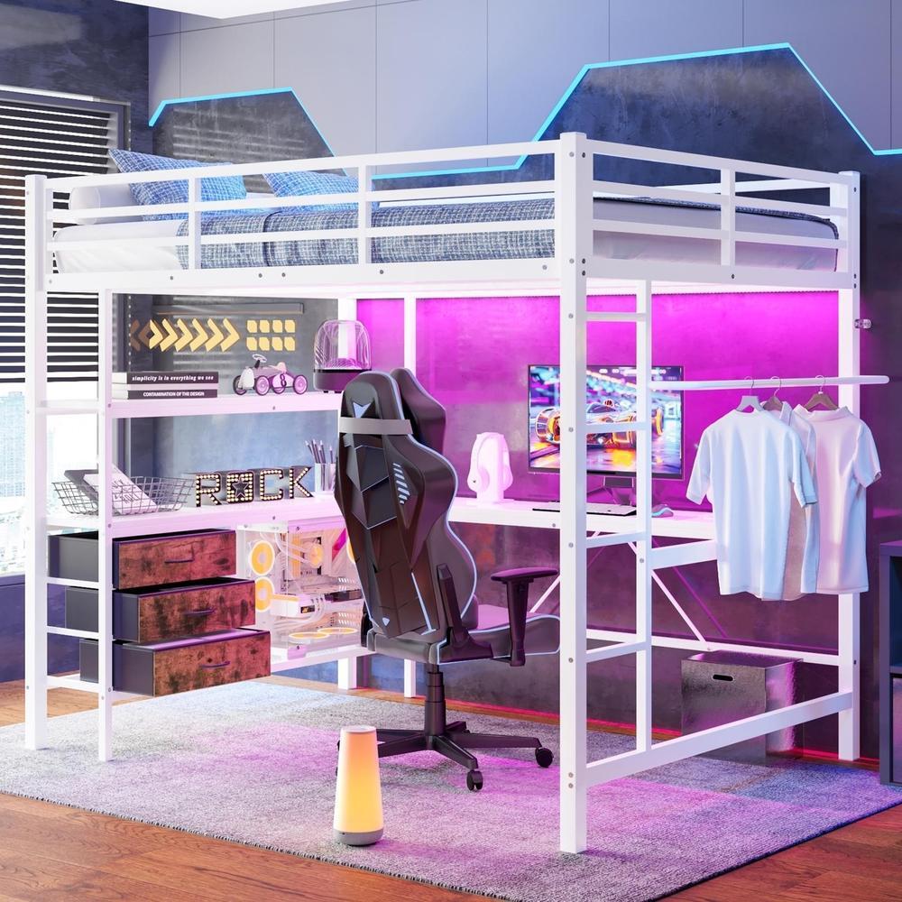 Cama alta 140x200 cm com LED, secretária, usb, 3 gavetas, branco