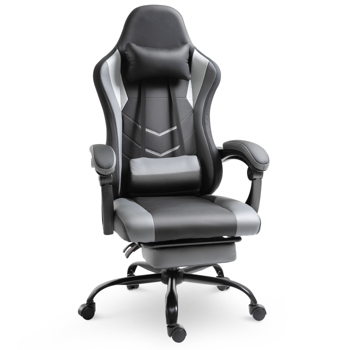 Silla ergonómica giratoria negra con reposapiés y cojines