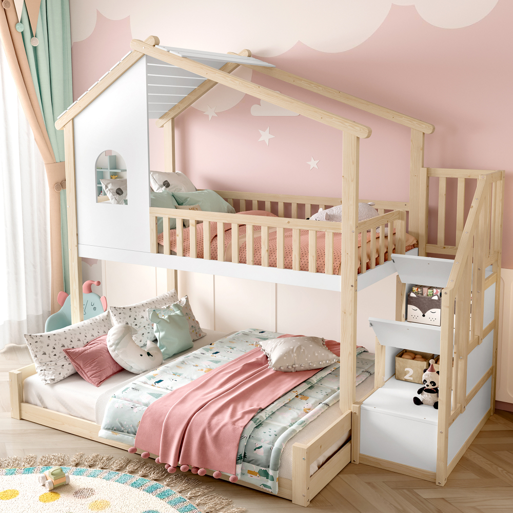 Beliche 140x200cm em forma de casa com arrumação madeira natural e branco