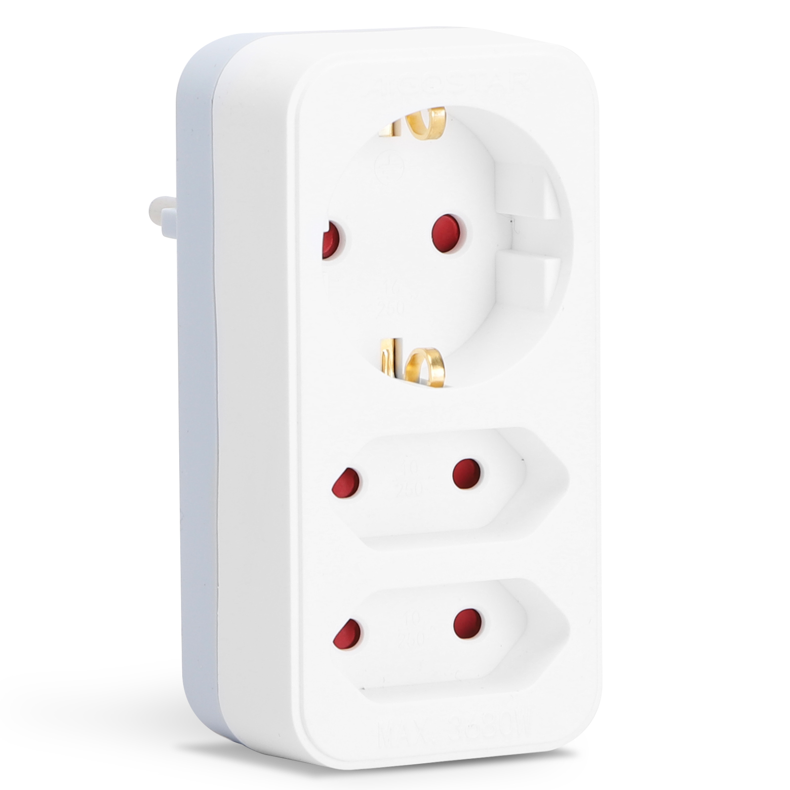 Aigostar adaptador 3 tomadas, 1 schuko + 2 tomadas eu, proteção infantil