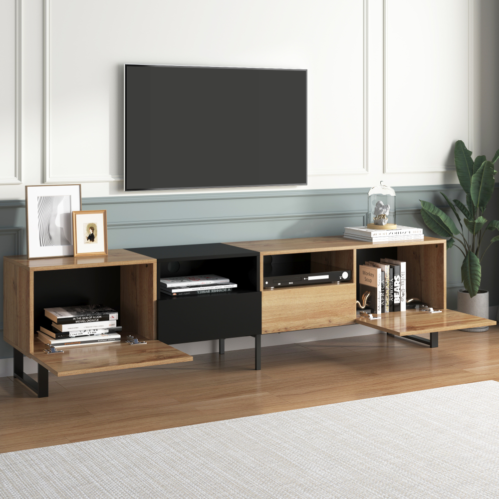 Móvel de tv preto e madeira com 2 portas e 2 gavetas 48x190x38cm